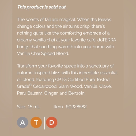 SOLD OUT!! doTerra Vanilla Chai - Spiced Blend 15ml - BRAND NEW & SEALED - Picture 3 of 5